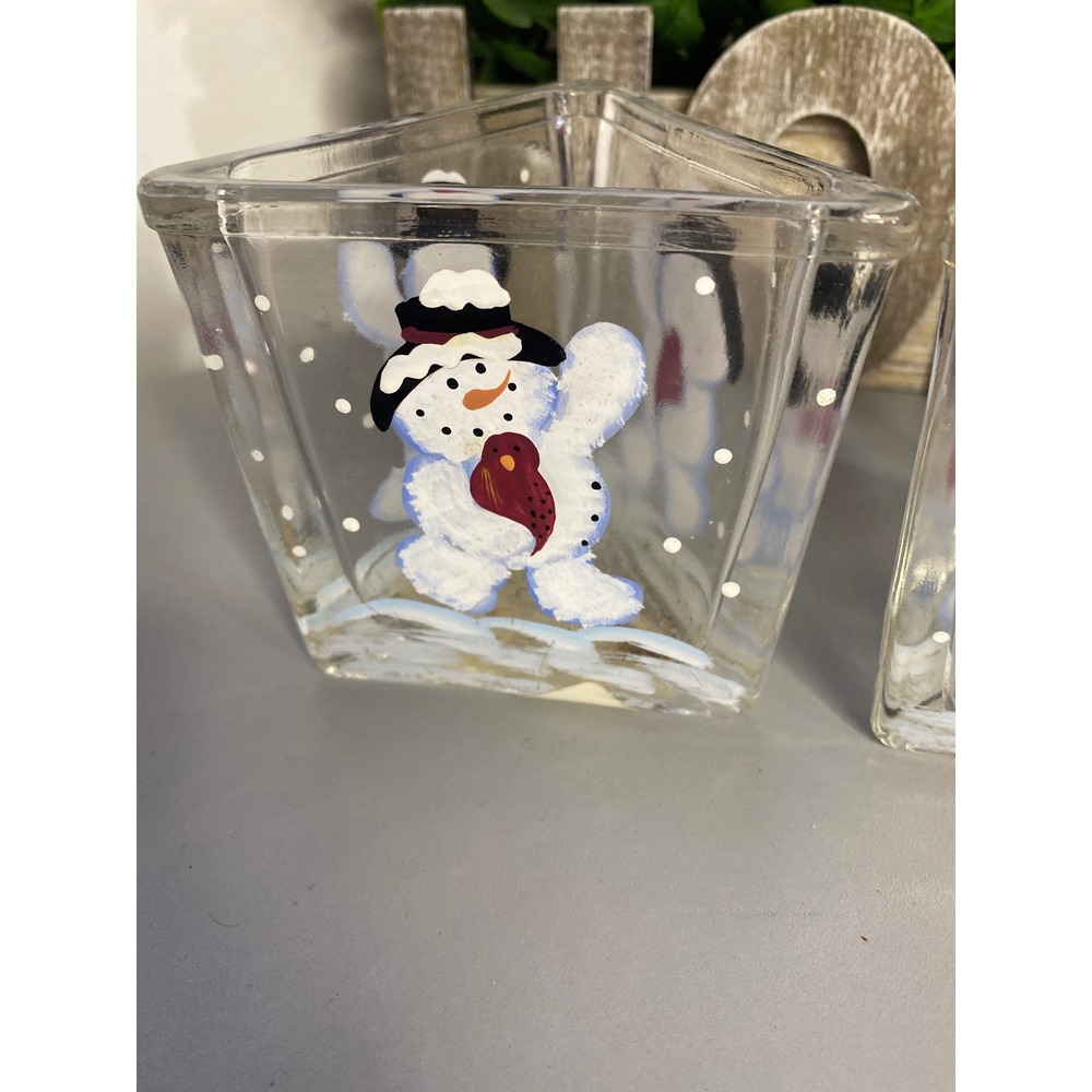 Hand Painted Glass Snowman Candle Holder Votive Christmas‎ Holiday Decor